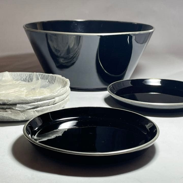 ◆黒漆菓子器と銘々皿五枚 京漆器 三象漆園造 高級漆器◆