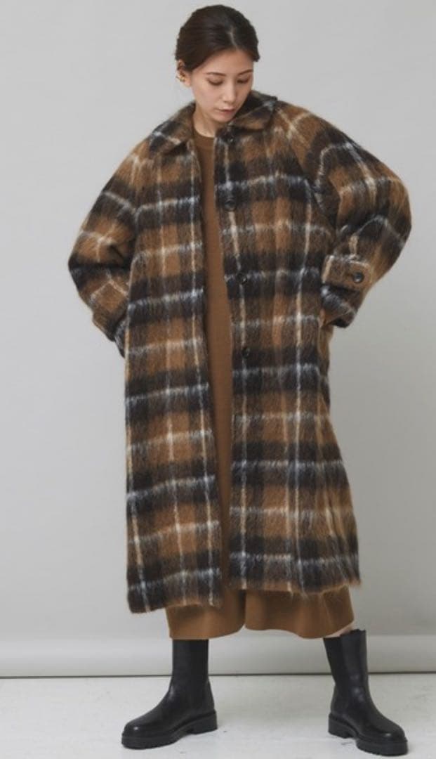 【美品】Curensology アルパカシャギー　チェックコート ブラウン
