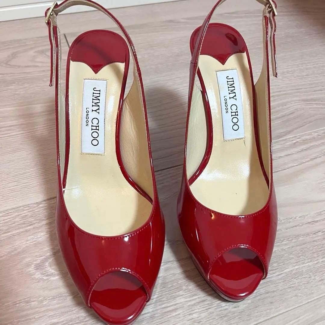 美品JIMMY CHOO レッドオープントゥハイヒール エナメル　36 1/2