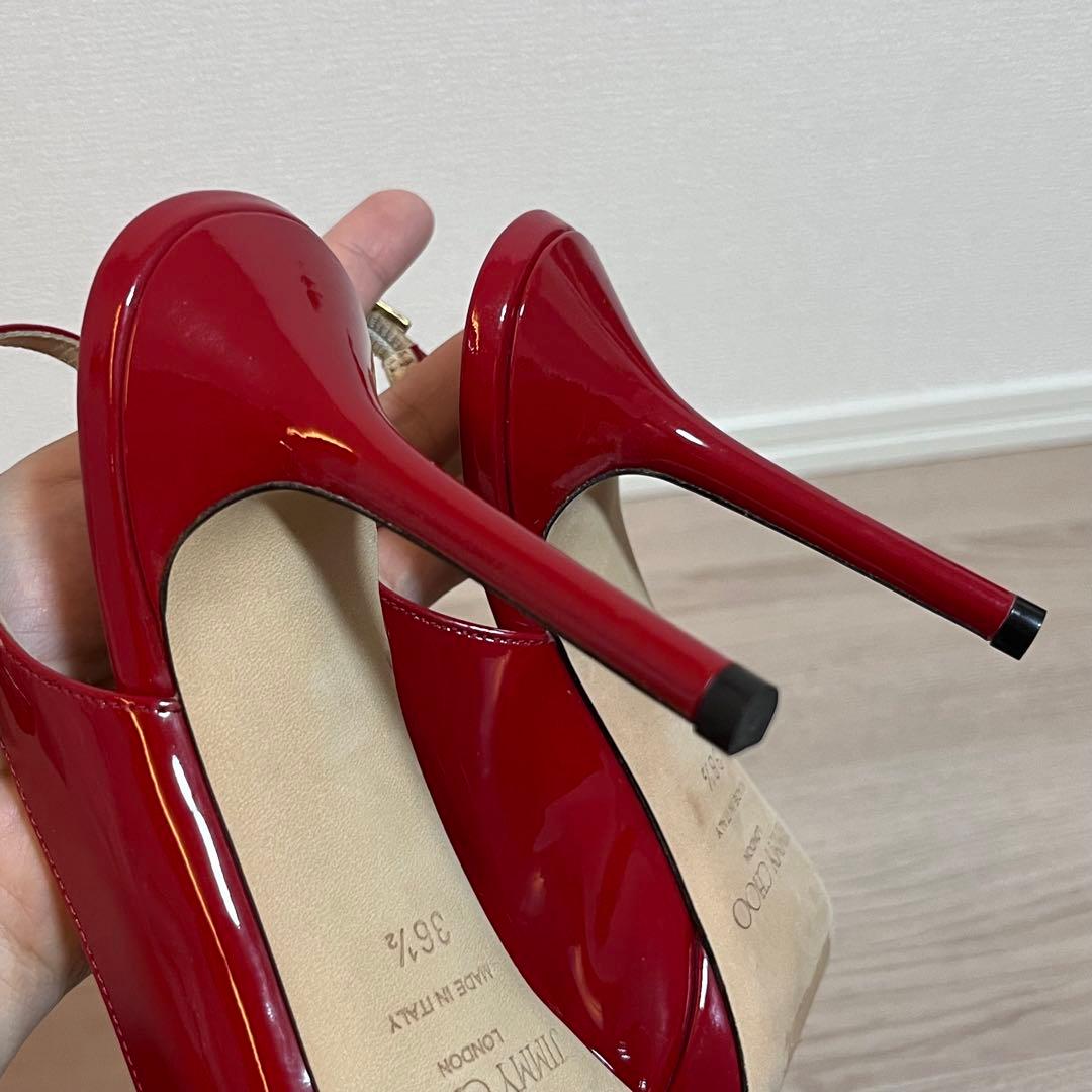 美品JIMMY CHOO レッドオープントゥハイヒール エナメル　36 1/2