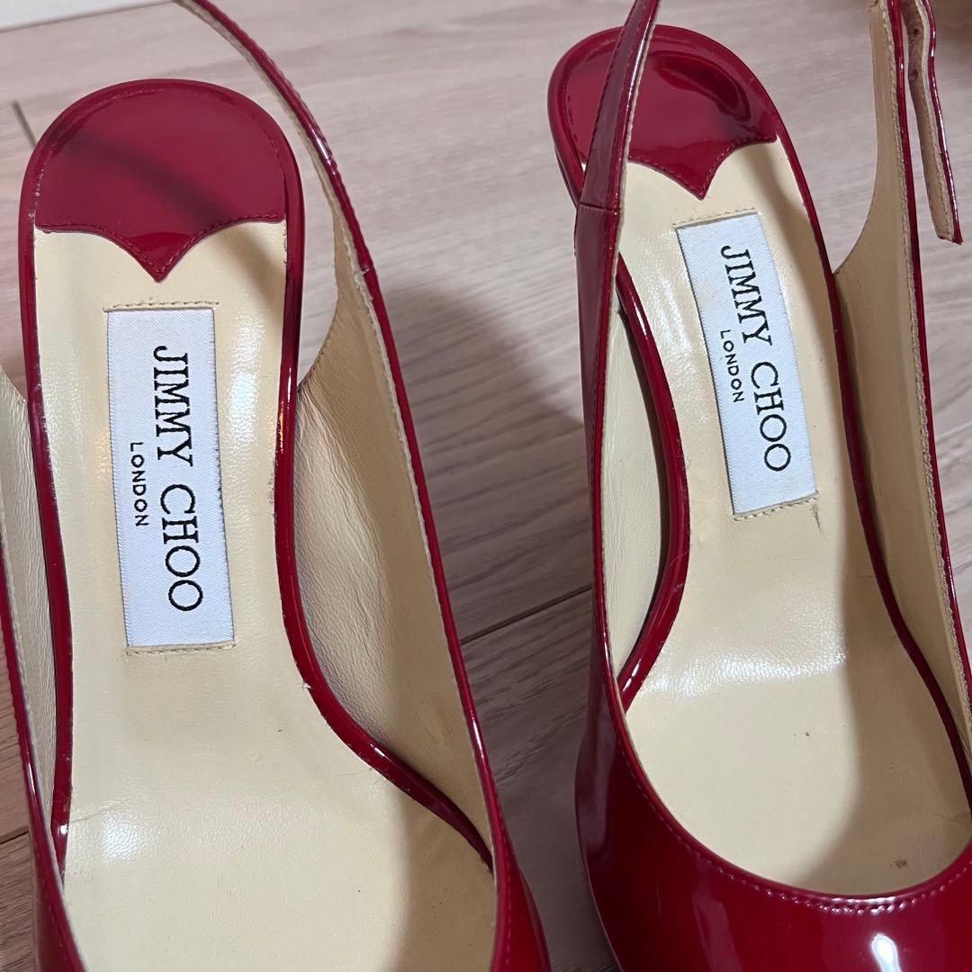 美品JIMMY CHOO レッドオープントゥハイヒール エナメル　36 1/2