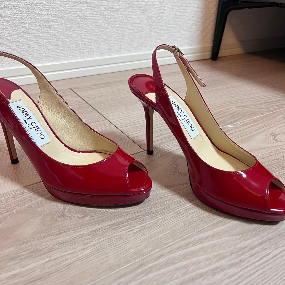 美品JIMMY CHOO レッドオープントゥハイヒール エナメル　36 1/2