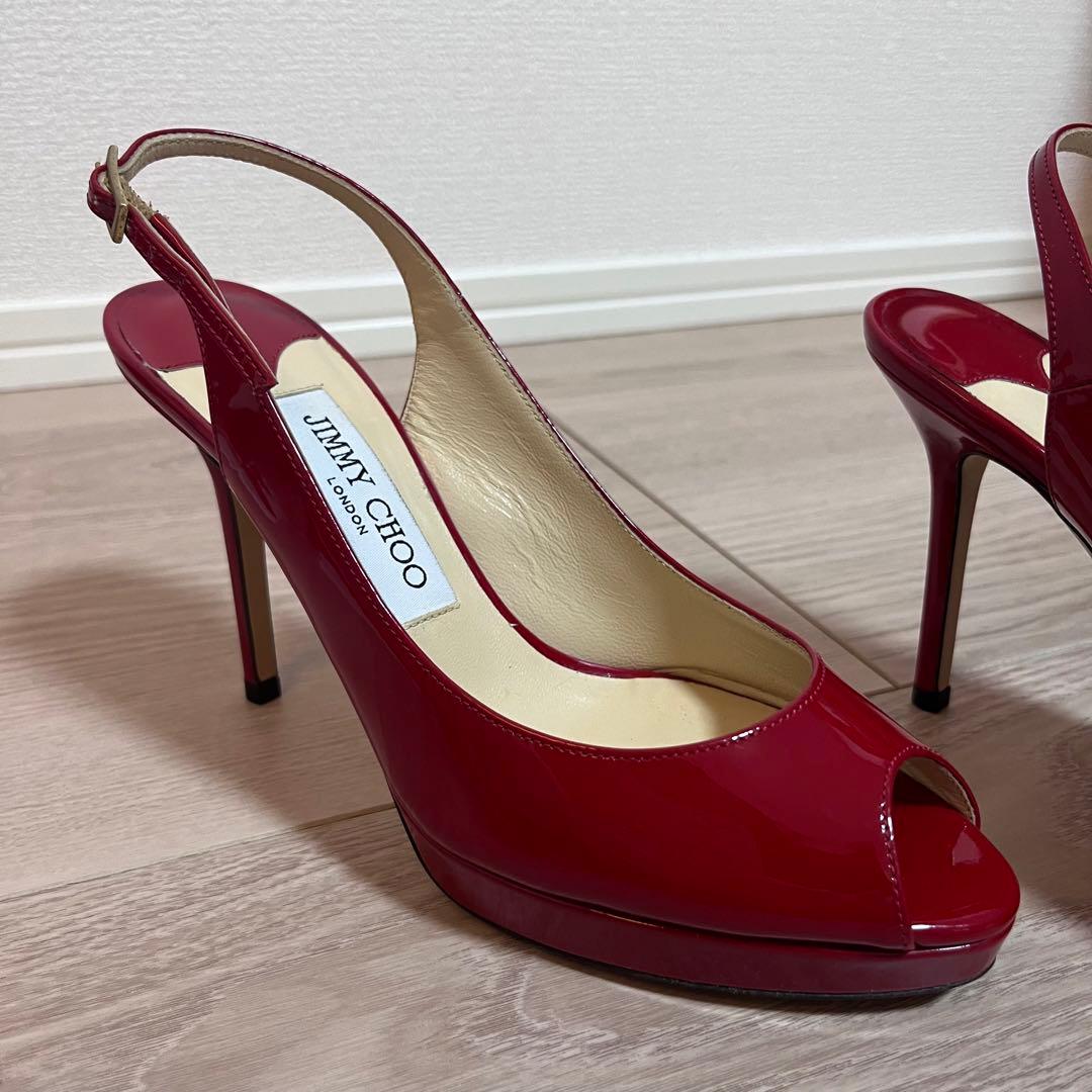 美品JIMMY CHOO レッドオープントゥハイヒール エナメル　36 1/2