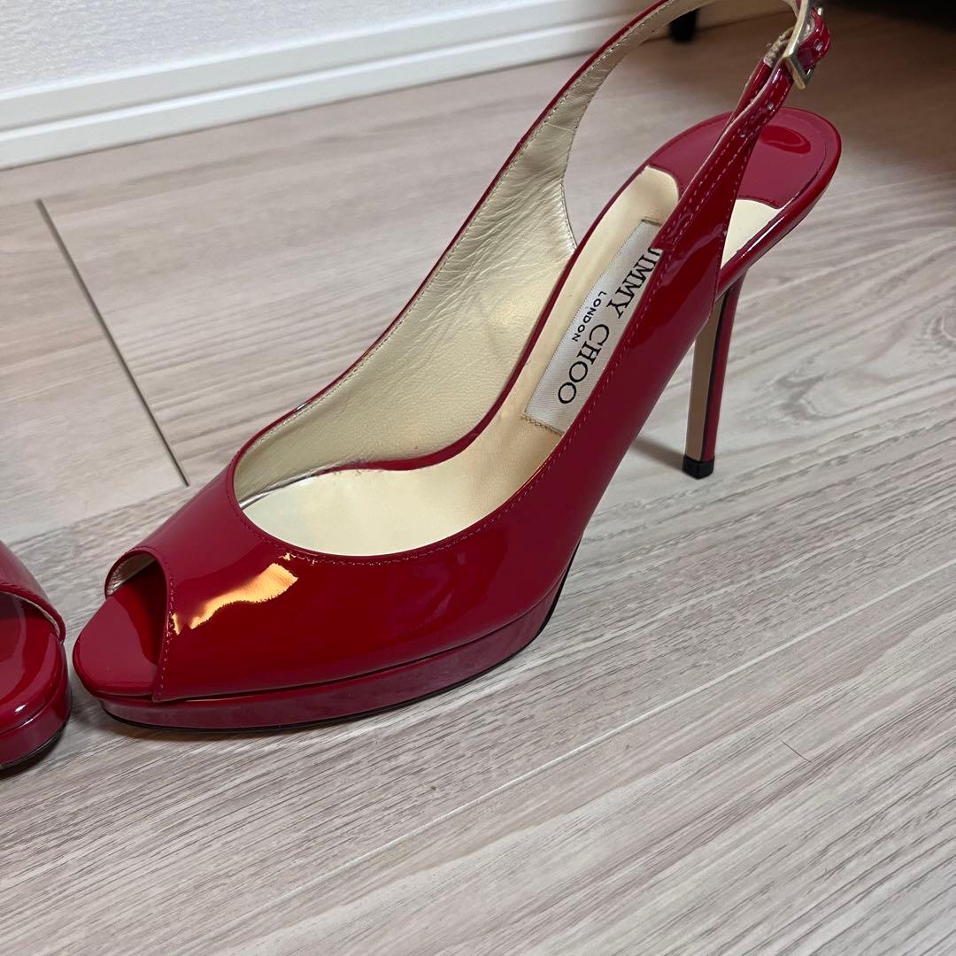 美品JIMMY CHOO レッドオープントゥハイヒール エナメル　36 1/2