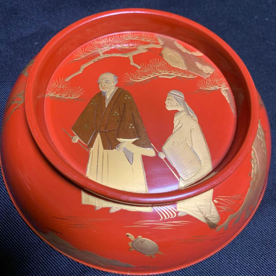 蓋向　木製手描き金彩絵　尾上の爺婆・鶴亀・松竹梅　盛金蒔絵　向付け　煮物椀　3客