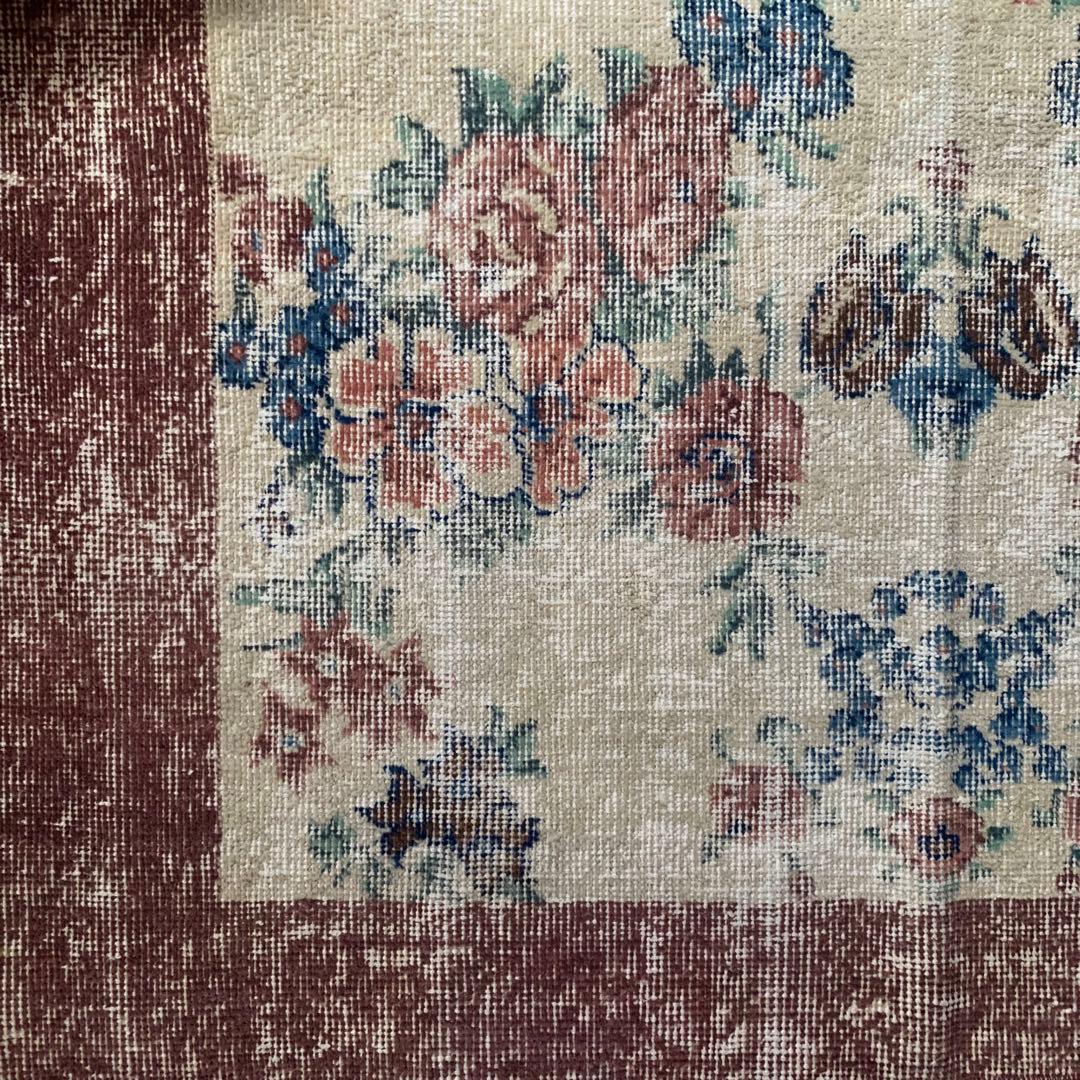 バーガンディ　トルコヴィンテージラグ　210×109 ボタニカル　 オーバーダイ