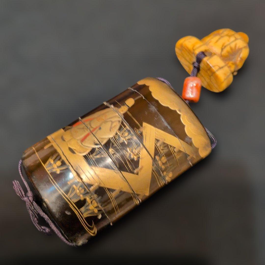 金蒔絵　印籠　人物根付