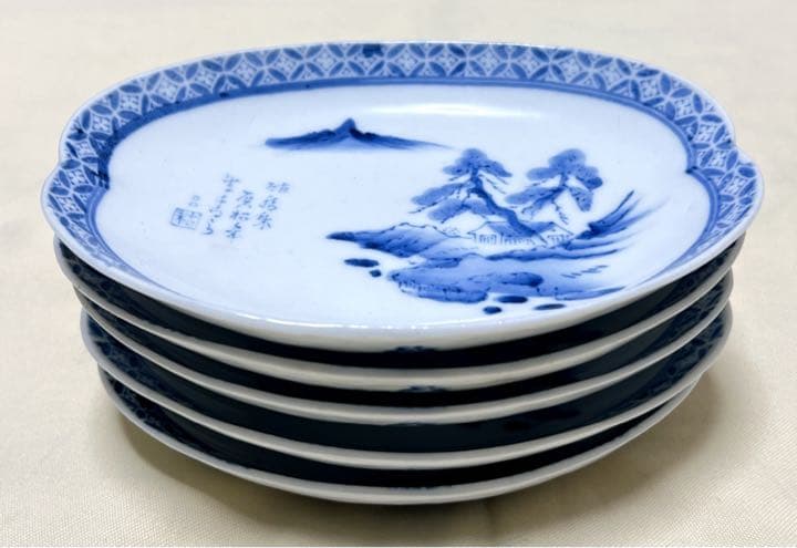 和食器　山水絵　手作り　楕円小皿5枚　レトロ　年代物