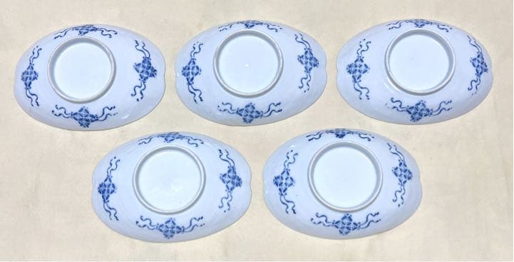和食器　山水絵　手作り　楕円小皿5枚　レトロ　年代物