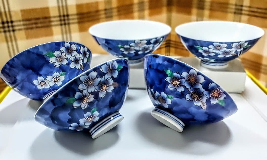 ●5704#0108　深川製磁/飯碗(青桜)5客セット　1218