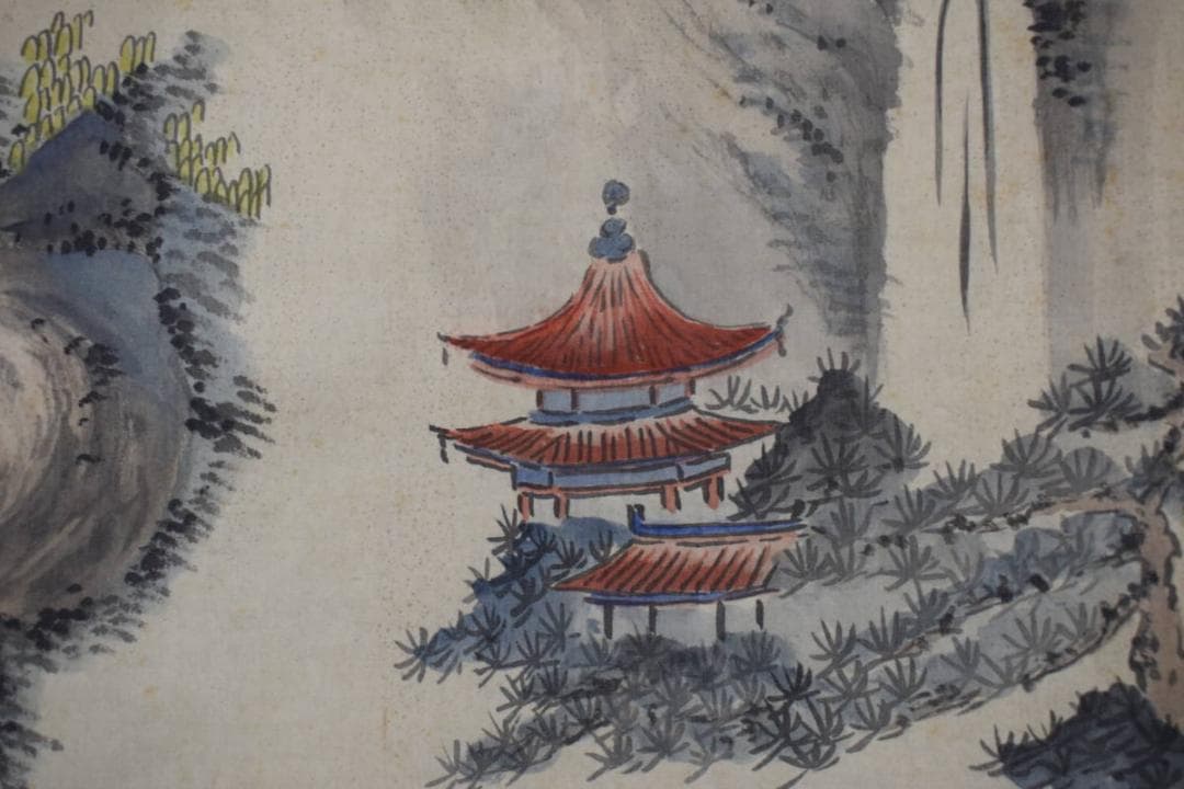 静山/塔山水人物図/掛軸☆宝船☆Y-783　JM