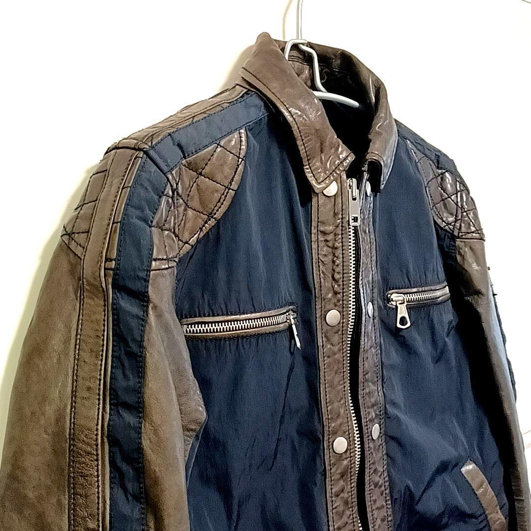 美品★DIESEL ディーゼル　ラムレザー × ナイロン　ライダースジャケット