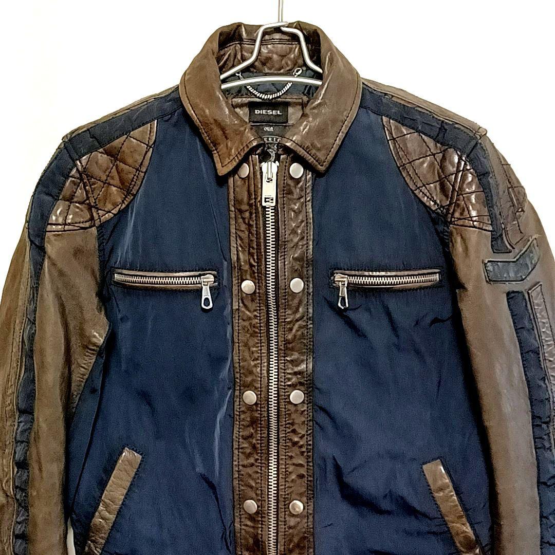 美品★DIESEL ディーゼル　ラムレザー × ナイロン　ライダースジャケット