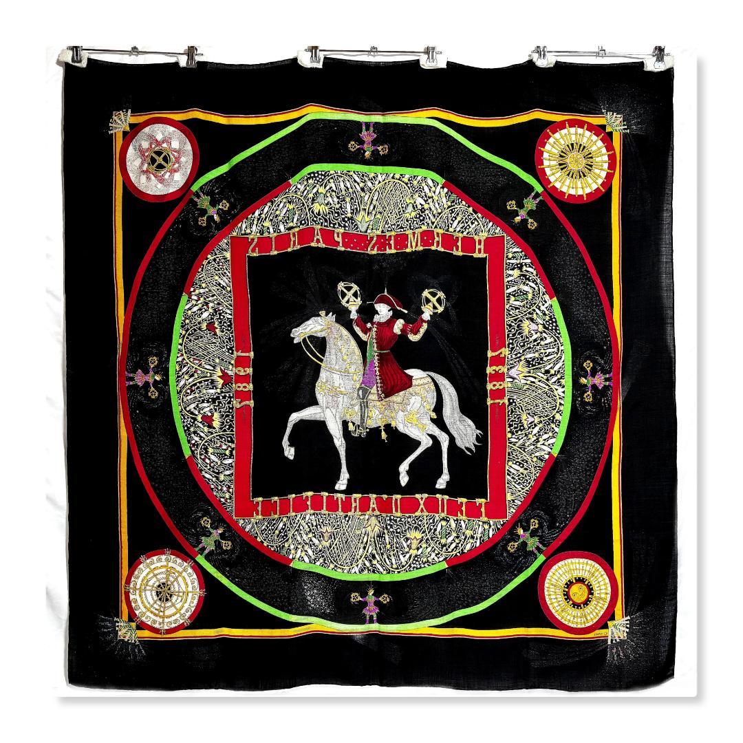 エルメス　カレジェアン140　カシシル　スカーフ　技巧の火　ブラック系　【美品】