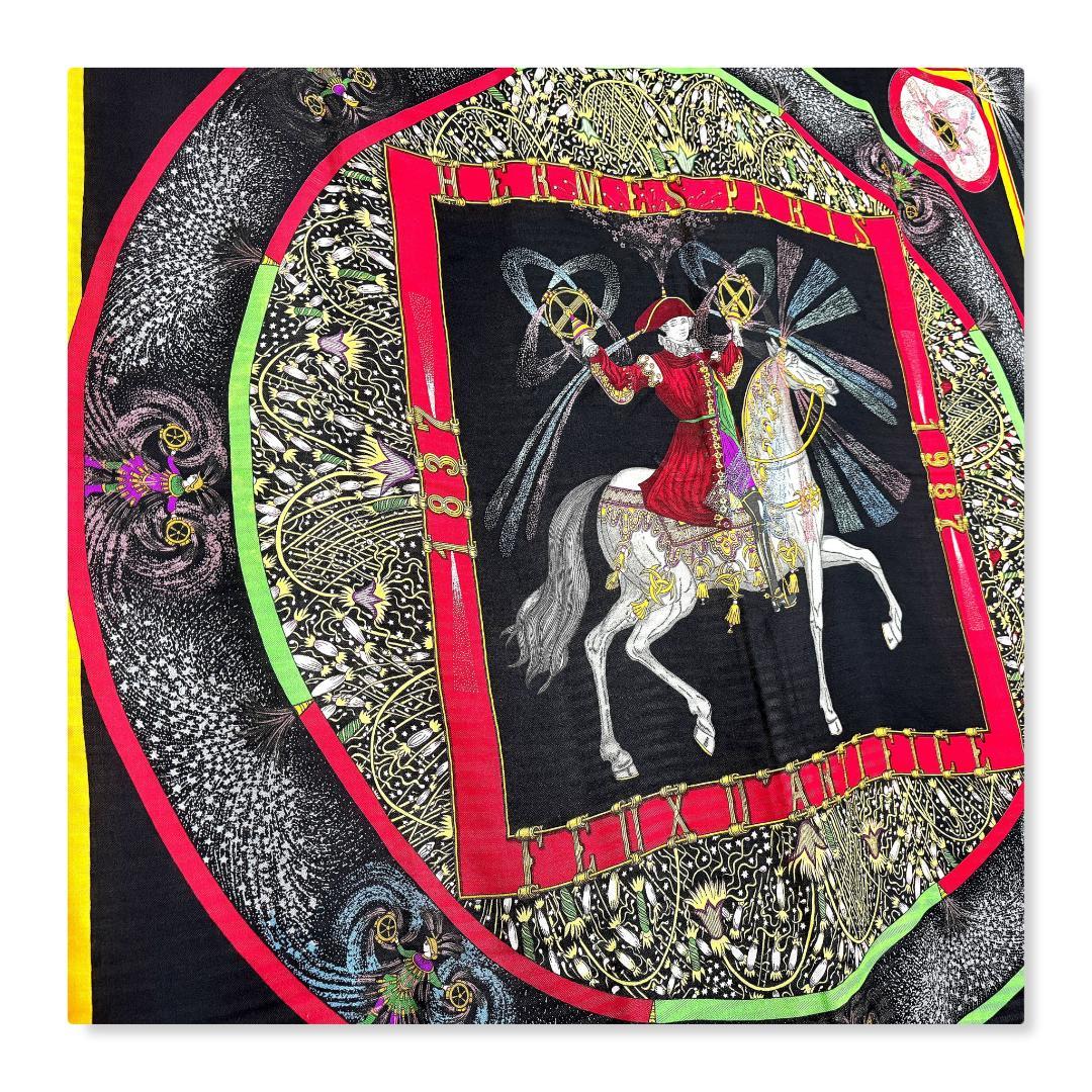 エルメス　カレジェアン140　カシシル　スカーフ　技巧の火　ブラック系　【美品】