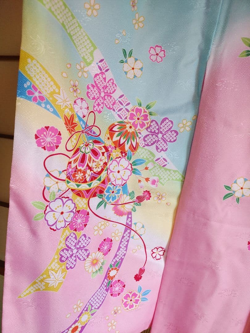 花柄刺繍 七五三着物ピンク水色 100cm~　7歳用セット