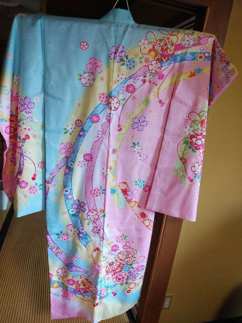 花柄刺繍 七五三着物ピンク水色 100cm~　7歳用セット