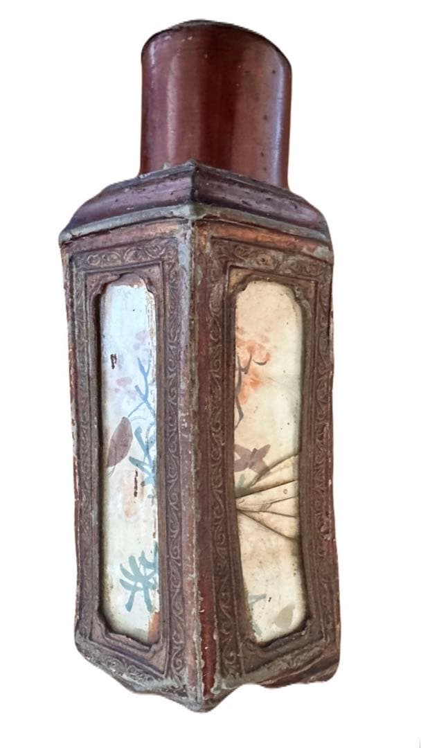 中国潮陽永和錫製茶葉罐百年以上古董六面手描き絵美術品時代物