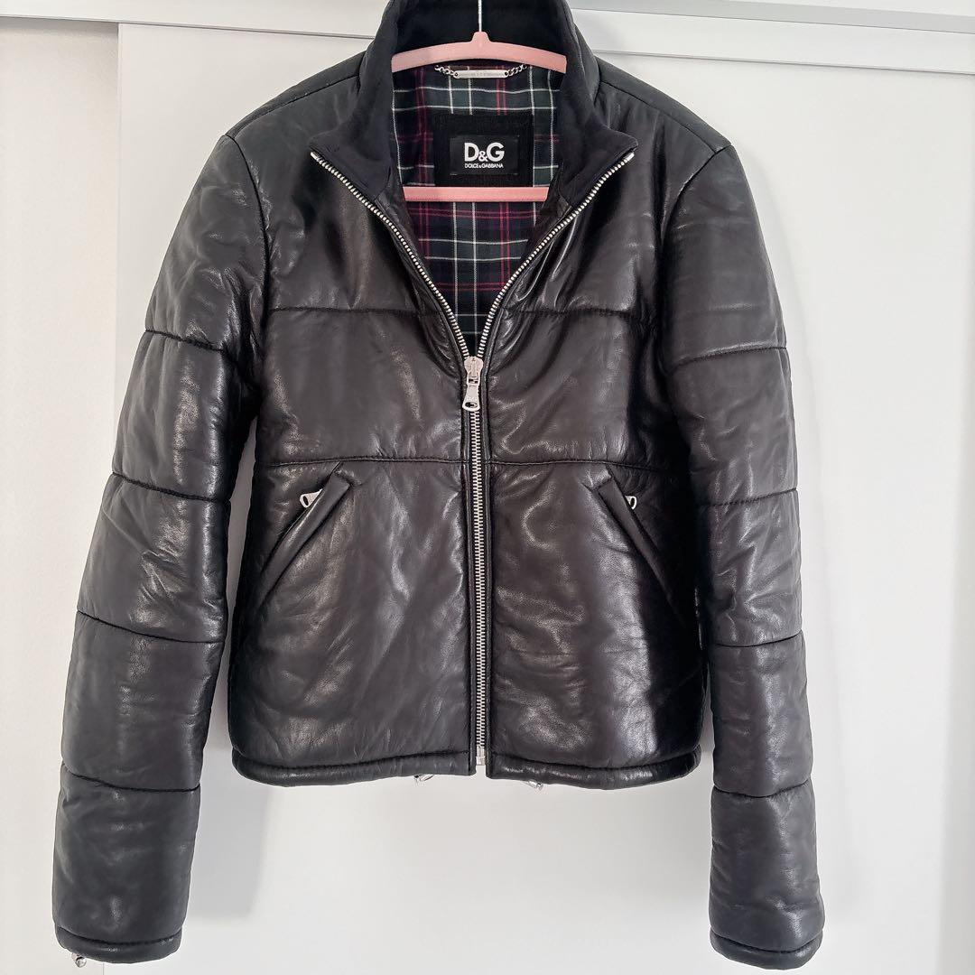 D&G ドルガバ ラムレザージャケット レディース 黒 チェック柄