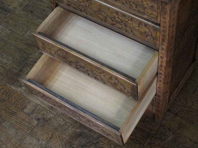 長野県 伝統工芸品 軽井沢彫り 桜 彫刻 5杯抽斗 箪笥/チェスト/整理タンス