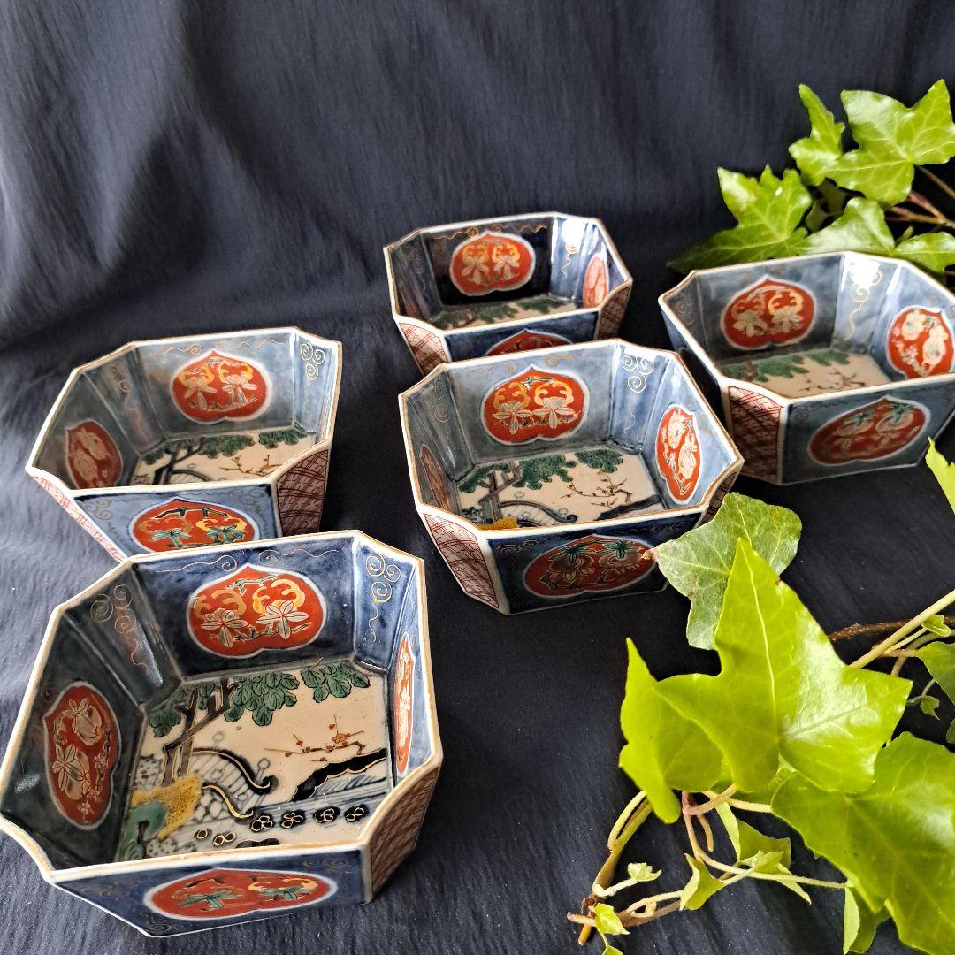 「柘榴(ざくろ)がいっぱい！」古伊万里 色絵 角向付 5客セット 骨董アンテ