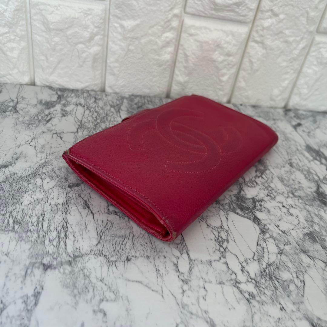 CHANEL シャネル キャビアスキン レザー がま口 二つ折り財布 ピンク
