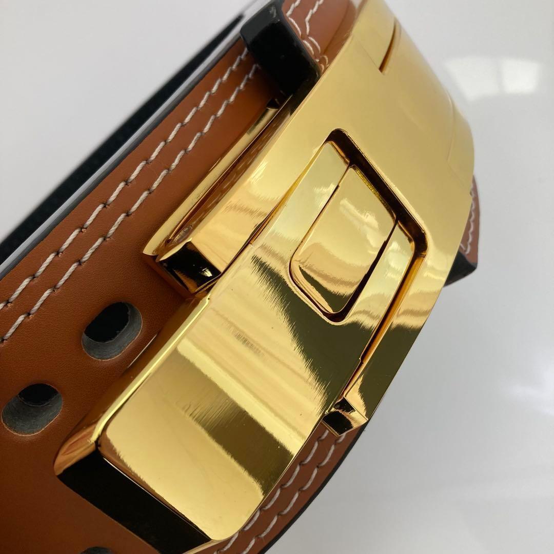 【訳あり】パワーベルト レバーアクション ワンタッチ可変式 ブラウン×金 本革