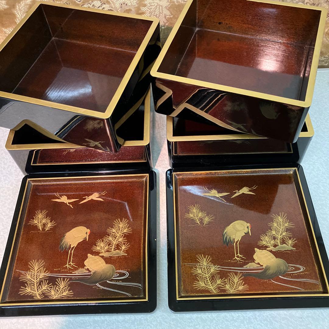 重箱　昭和レトロ　鶴亀　2段重箱　2セット　骨董品　台付