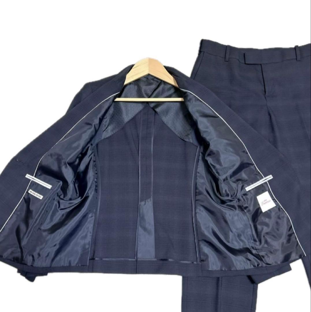 青山 ネイビー チェック柄 レディースビジネスパンツスーツ上下セット