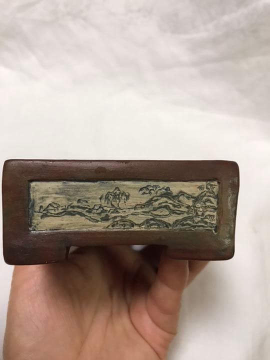 盆栽鉢　時代希少手捻り釘彫山水画常滑名工朱泥ミニ盆栽鉢小品盆栽鉢山野草鉢