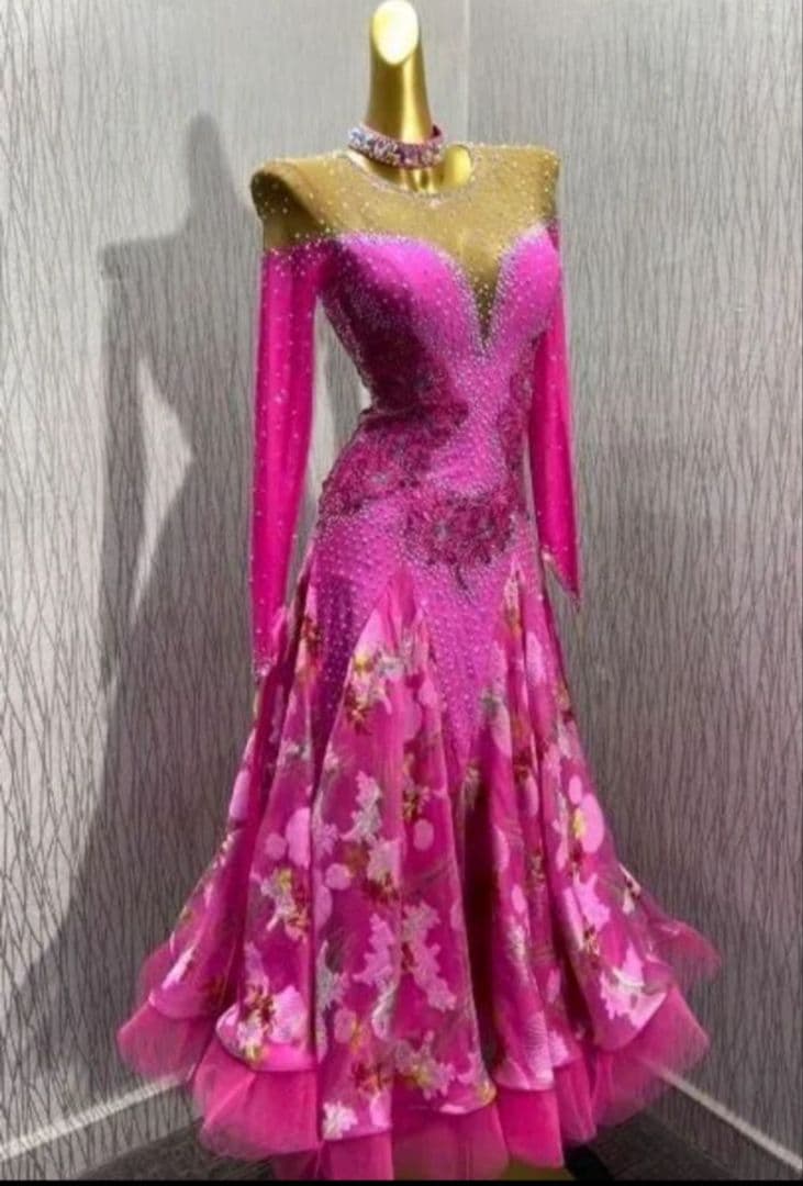 社交ダンス　スタンダードドレス　フューシャピンク　フラワープリント　S