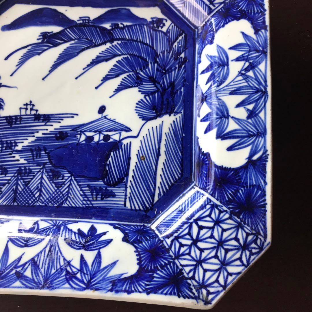 美品　古伊万里　陶器　年代物　盛り皿　角皿　八角絵皿　線画　山水の絵柄が素敵な