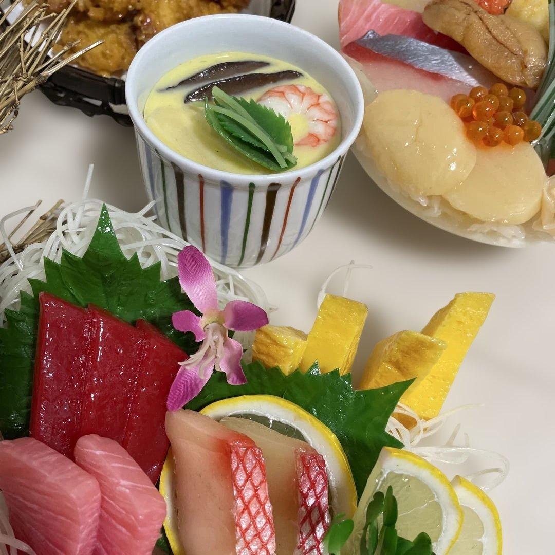 食品サンプル　海鮮丼　刺身盛り　茶碗蒸し　唐揚げ
