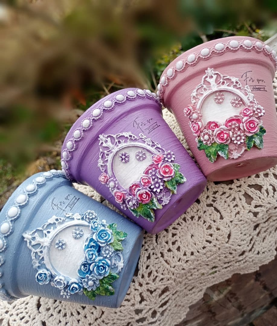 hitomi リメ鉢♡リメイク鉢♡ハンドメイド♡3号リメ鉢色違い