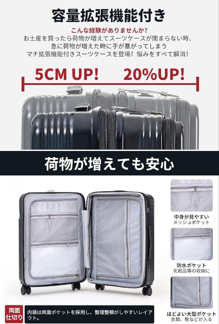 スーツケース キャリーケース フロントオープン 拡張 ストッパー 360度 M
