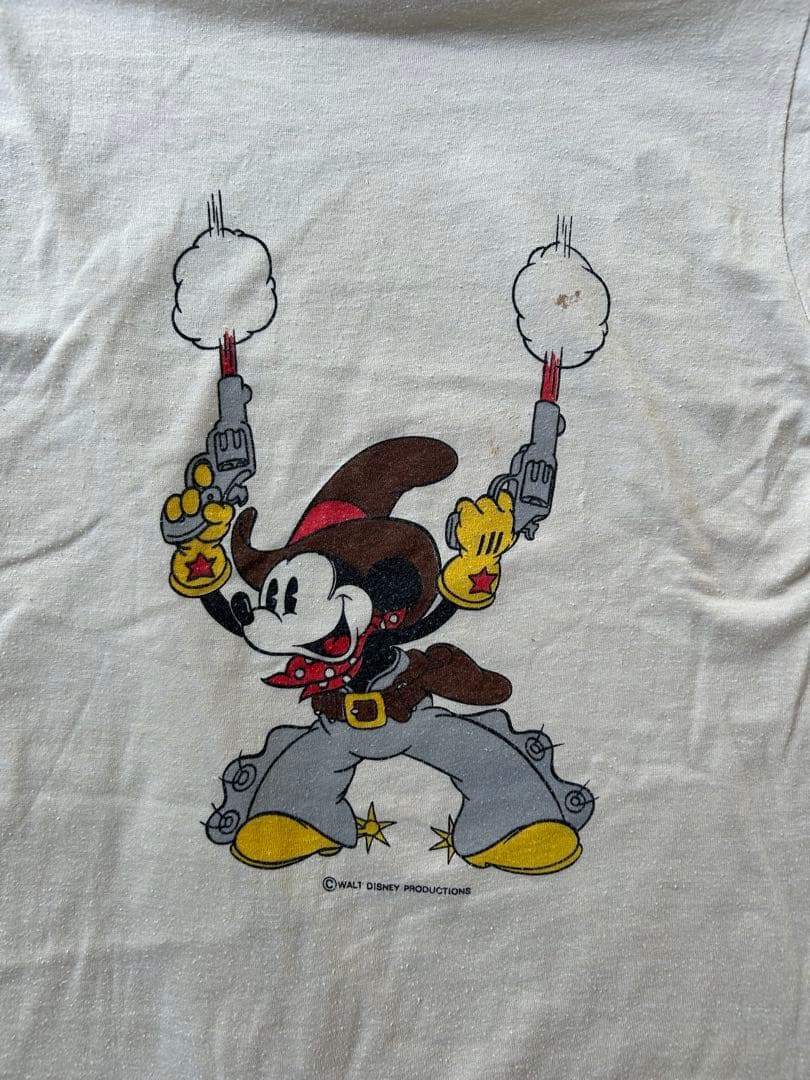 70sミッキー ウエスタン　Tシャツ　ベージュ　Mサイズ相当