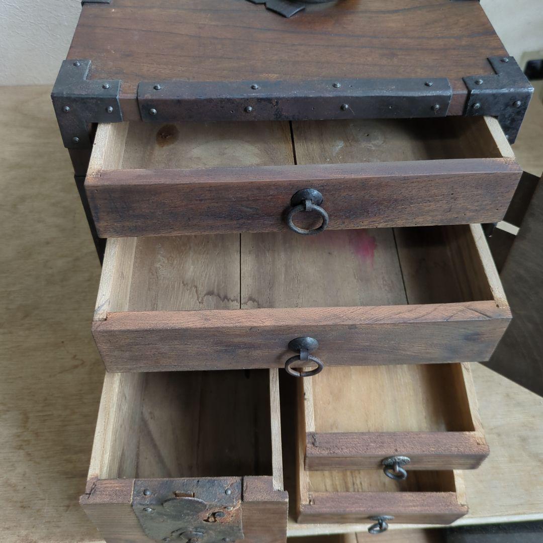 TORU 骨董 船箪笥 銭箱 引き出し 金具 鍵付 手提げ