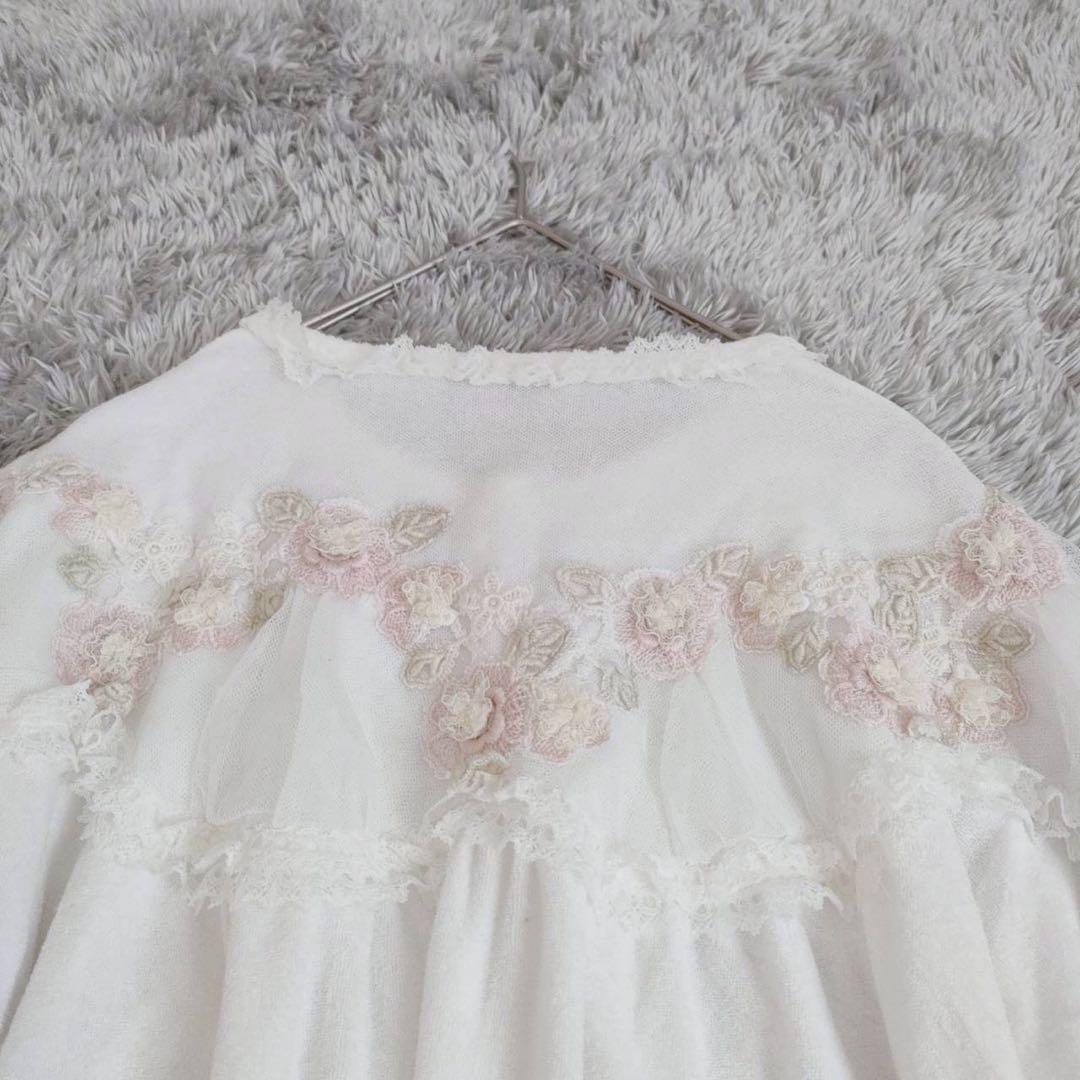 ヒスクローネ (15) 長袖 カーディガン レース 刺繍 パイル生地 ガーリー