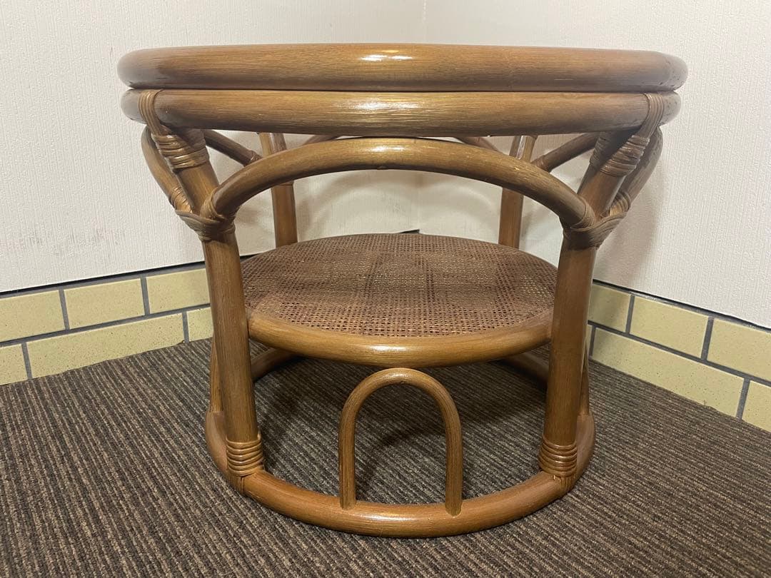 【KOIZUMI】ラタン 籐 サイドテーブル ローテーブル 円形 天板ガラス