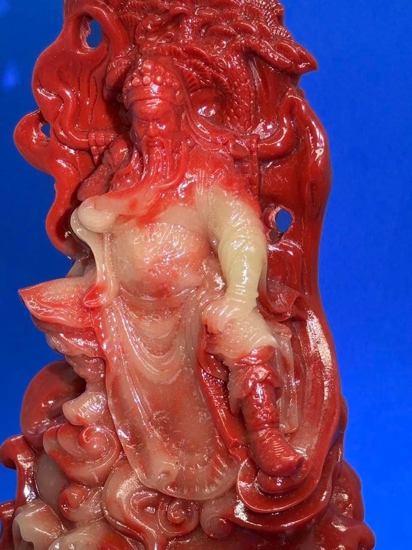 極美品 寿山石荔枝凍 忠義関公精雕置物台座付約15×8×6cm610g 5896