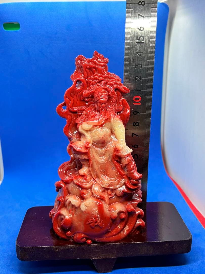 極美品 寿山石荔枝凍 忠義関公精雕置物台座付約15×8×6cm610g 5896
