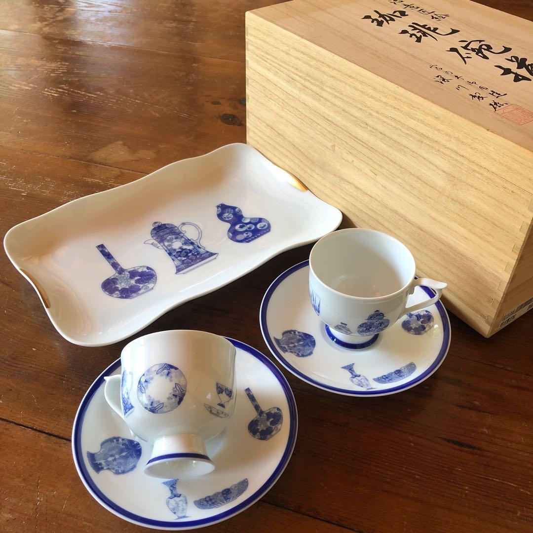 深川製磁 ブルーチャイナ カップ&ソーサー 大皿 角盛皿 角皿 金彩 深川