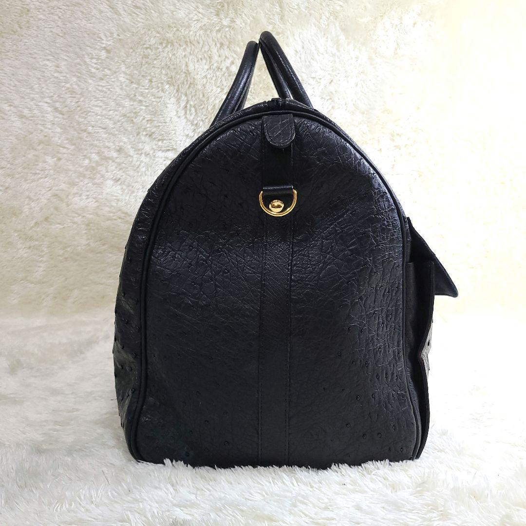 美品 大型 オーストリッチ本革 ボストンバッグ ゴールド金具 ブラック 2way
