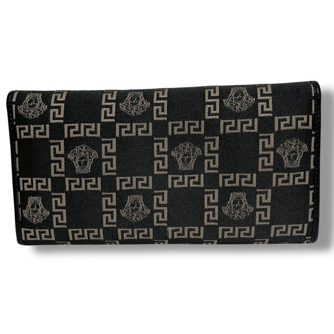 美品 VERSACE 長財布 キャンバス レザー ブラック グレカ メデューサ