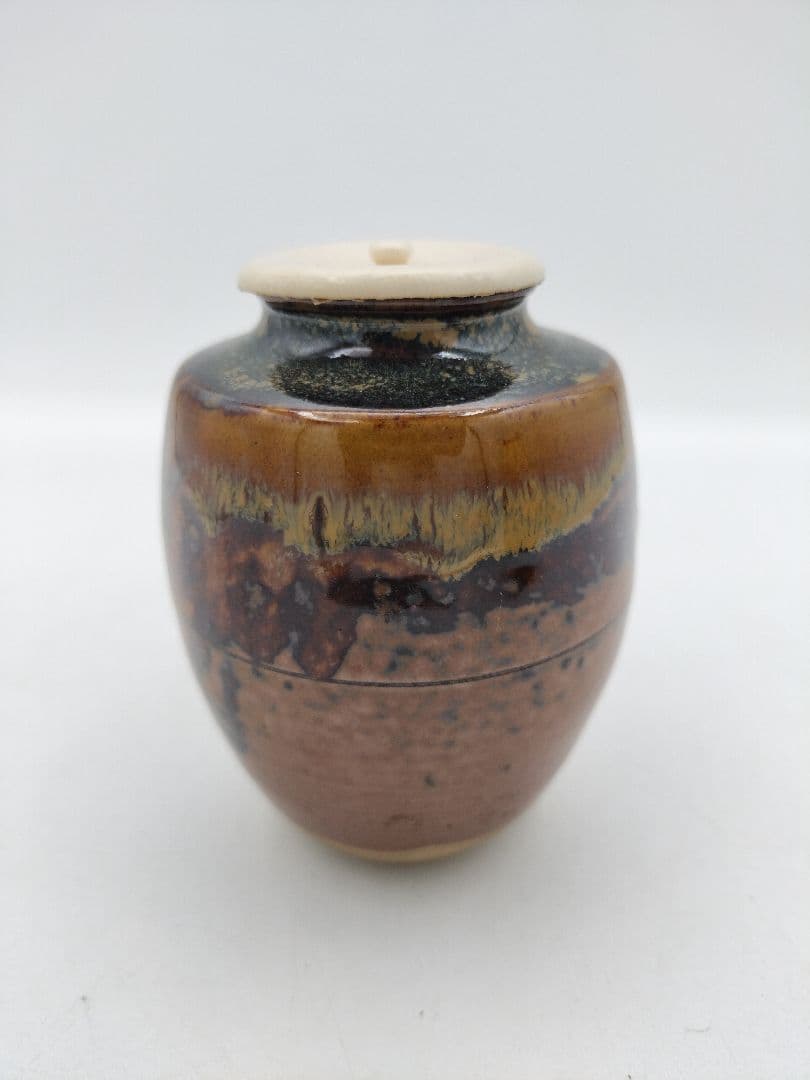 c317【新品・未使用】茶入 高取 肩付 亀井楽山 牡丹唐草 木箱 茶道具 肩衛