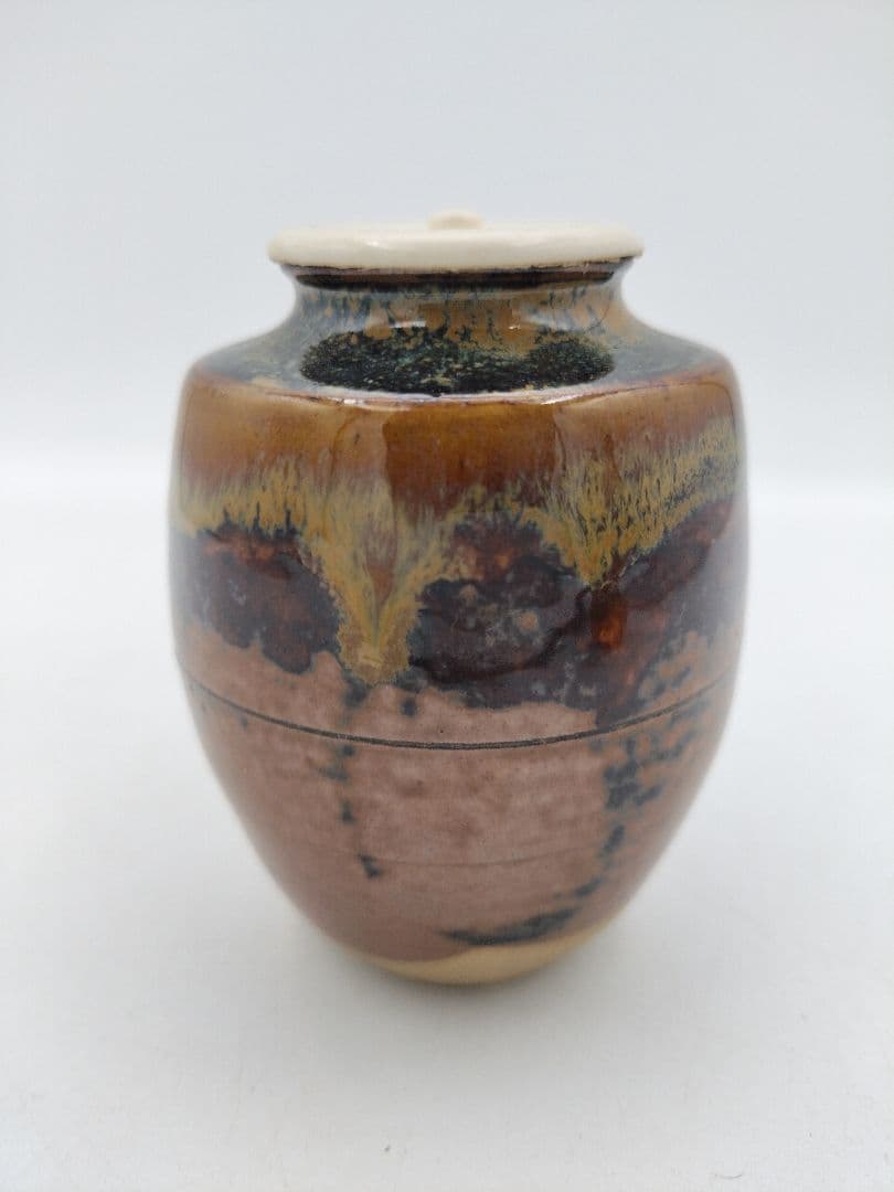 c317【新品・未使用】茶入 高取 肩付 亀井楽山 牡丹唐草 木箱 茶道具 肩衛