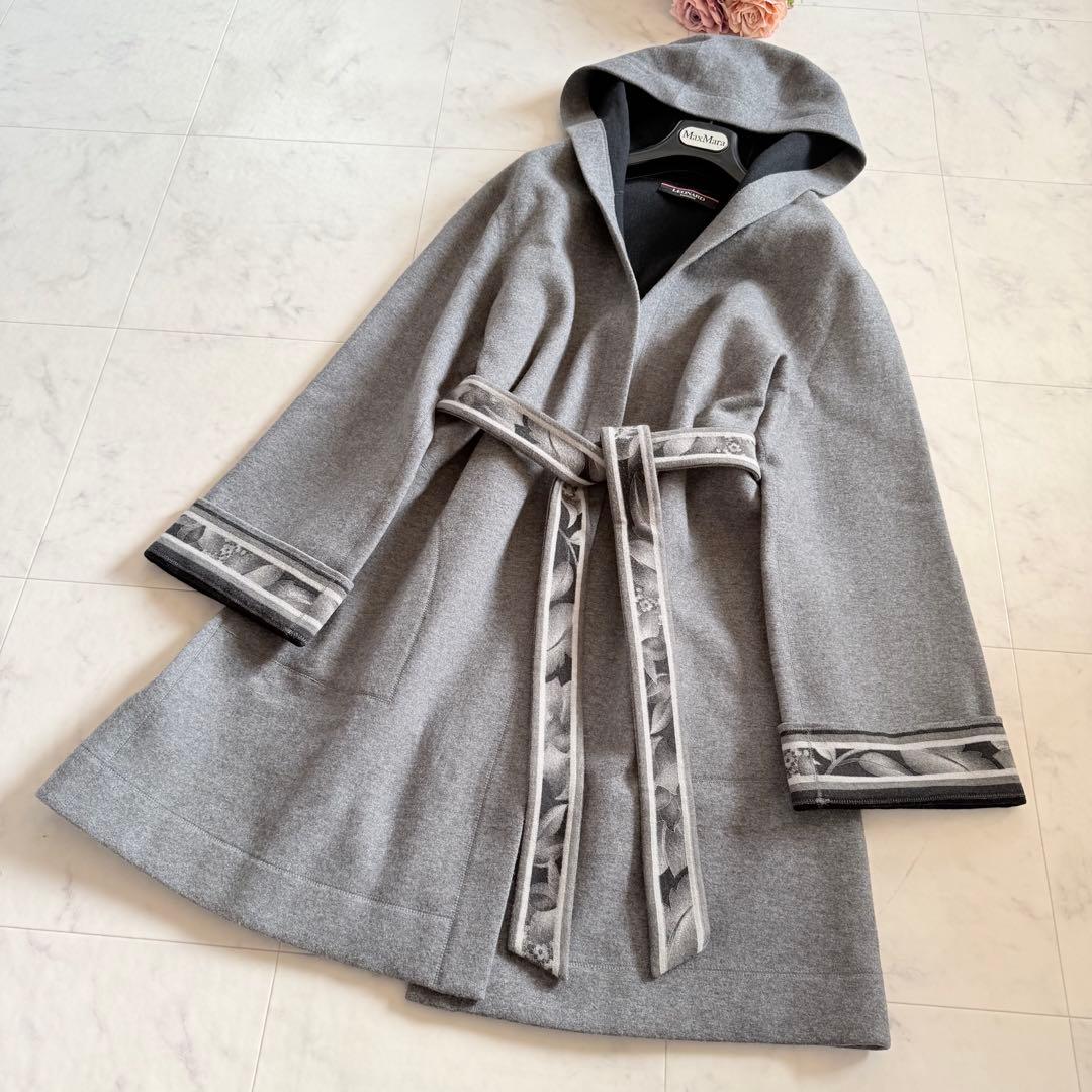 美品★レオナール フーデッドコート ダブルフェイス 花柄 トリム ベルト XL