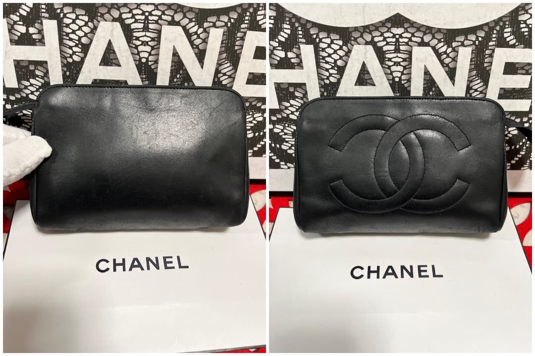 極上美品 シャネル CHANEL CC ポーチ ラムスキン ブラック 183
