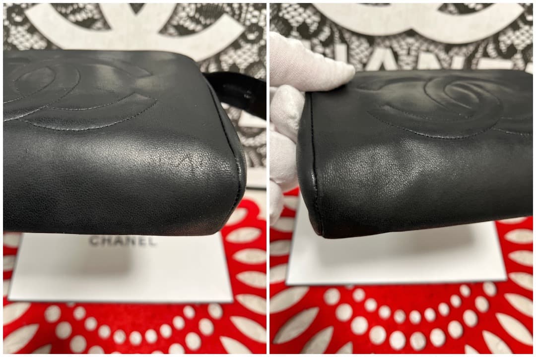 極上美品 シャネル CHANEL CC ポーチ ラムスキン ブラック 183