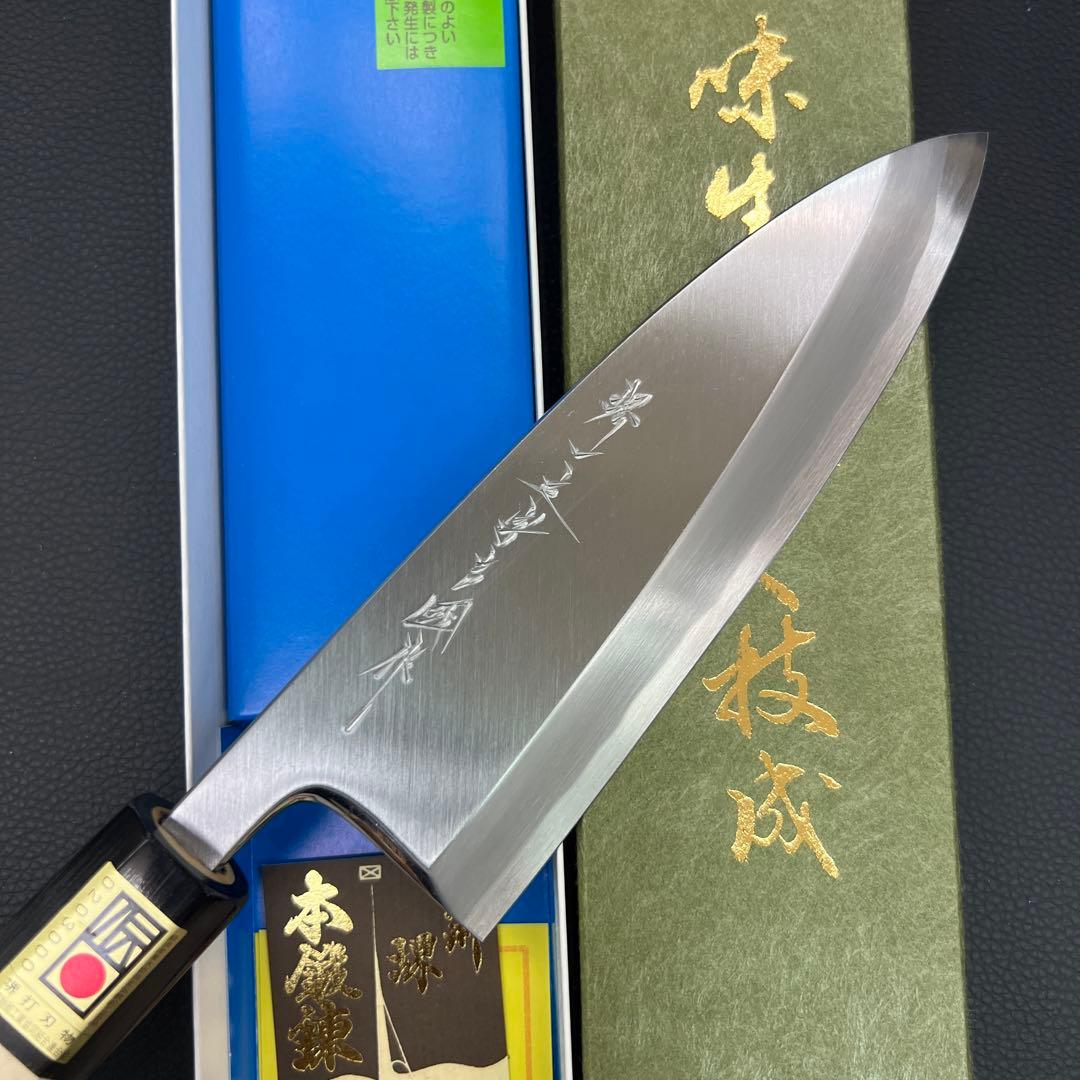 ★新品未使用★堺打刃物青鋼出刃包丁150mm五寸水牛白八角柄右片刃堺の化粧箱入